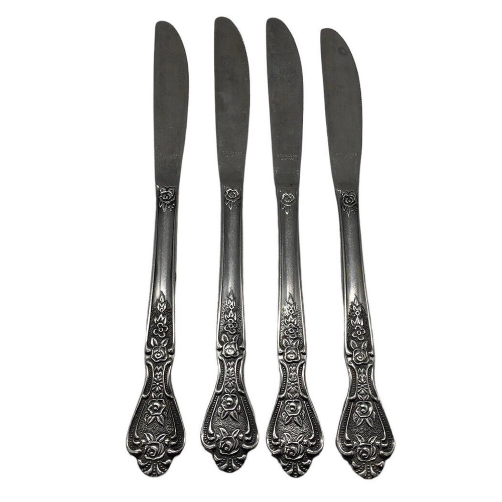 Normandy Flatware Stainless Japan Dinner Knives Knife Set Lot 4 Rose Floral